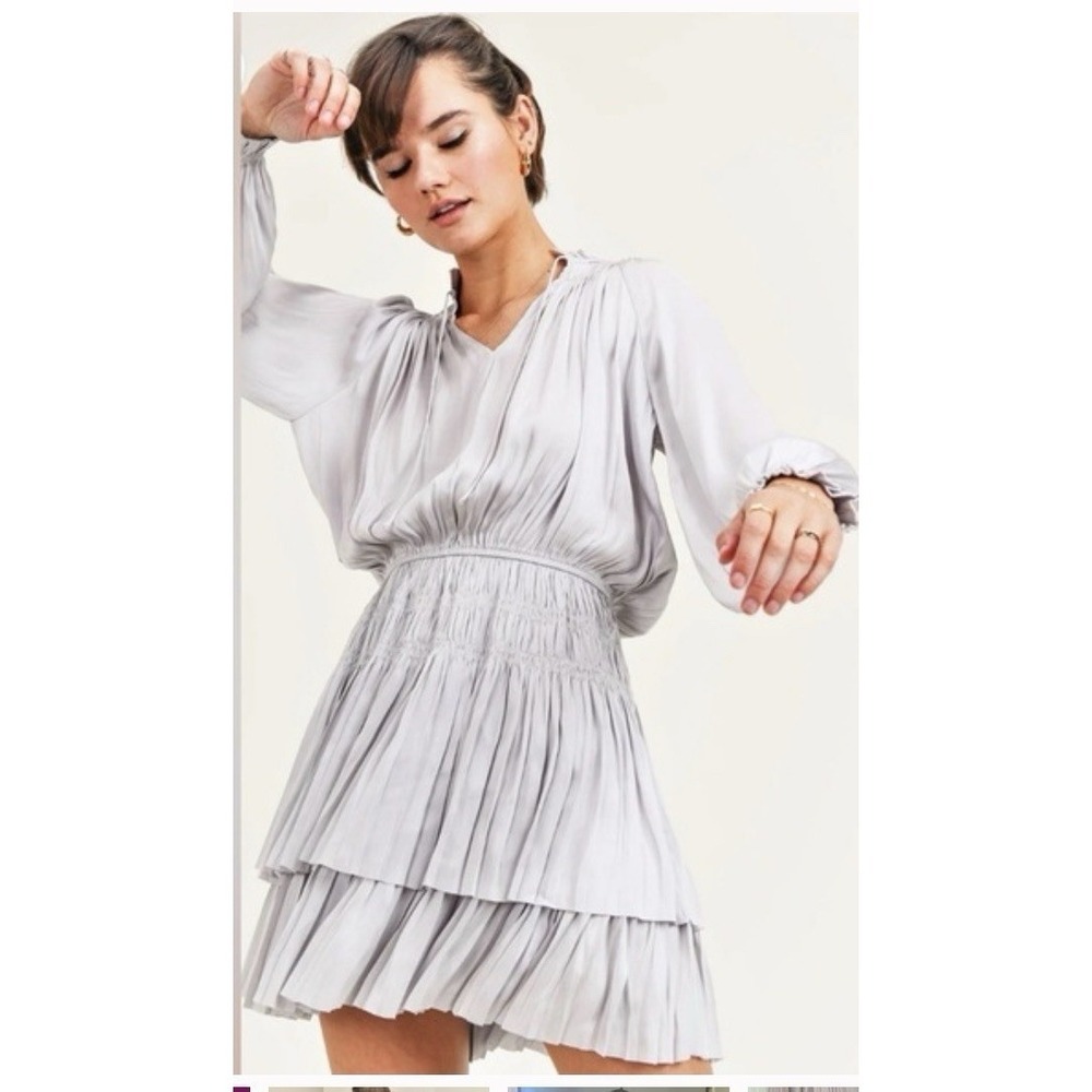 RESET by Jane Womens Dress Lg Lana Silver Satin Smocked Pleated Tiered Mini Boho